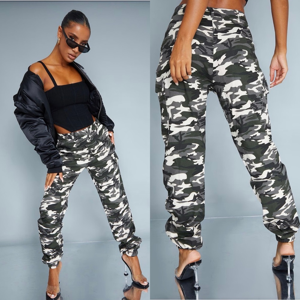 Pretty Little‎ Thing Grey Camo Print Cargo Trousers Size 4